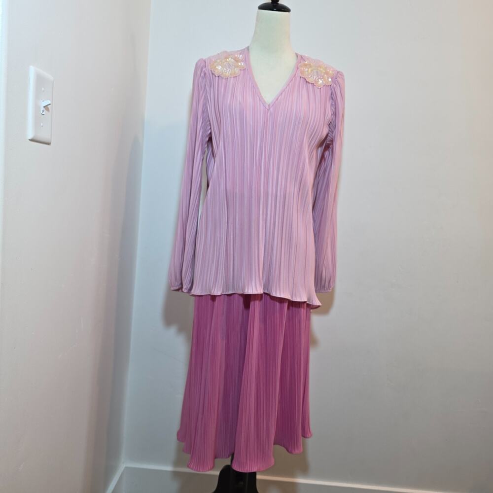 Vintage Pink Mini Accordion Pleat Overlay Dress Size L Long Sleeve Boho Modest - Picture 2 of 9
